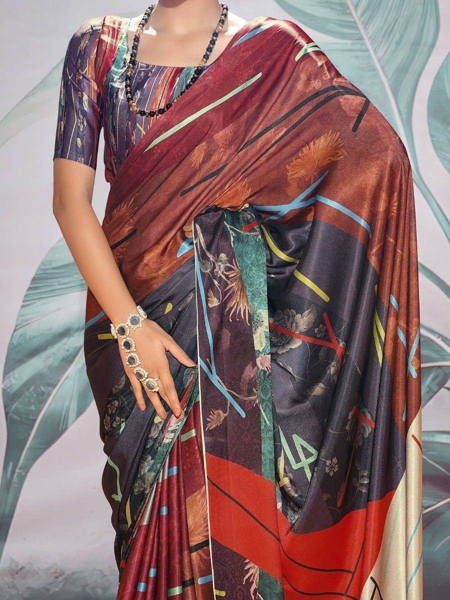 Stylish printed saree with floral and geometric patterns, perfect for ethnic occasions