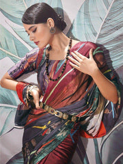 Stunning Multi-Color Digital Printed Satin Function Wear Saree
