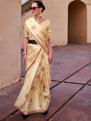 Adorable Beige Zari Weaving Satin Function Wear Saree With Blouse