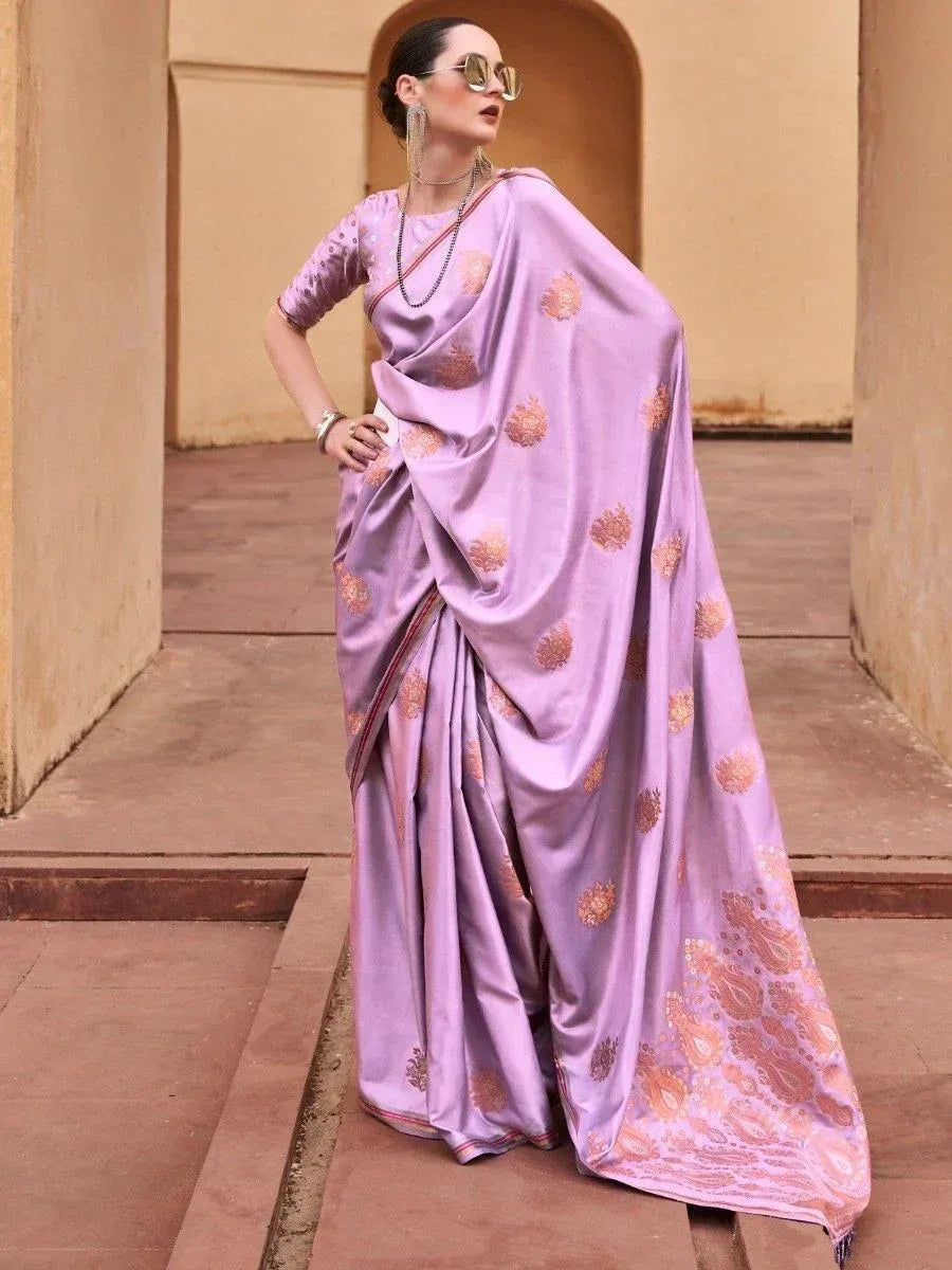 Lavender silk saree with gold floral embroidery, styled with matching blouse for Indian ethnic wear