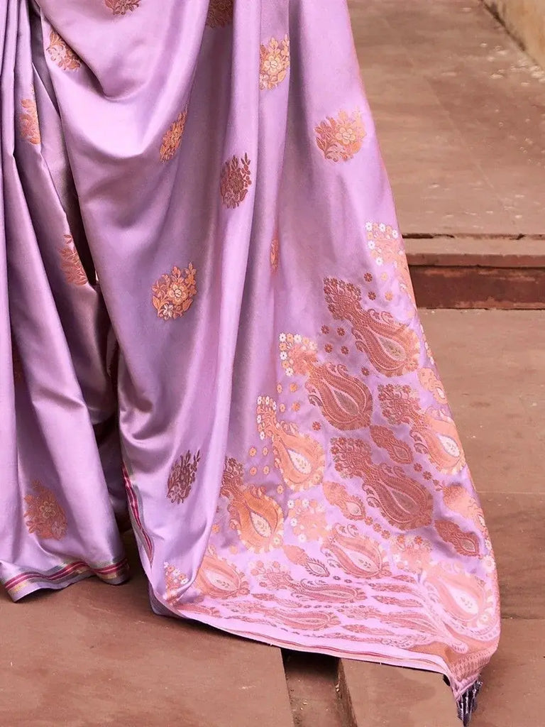 Marvelous Lavender Zari Woven Satin Festival Wear Saree With Blouse