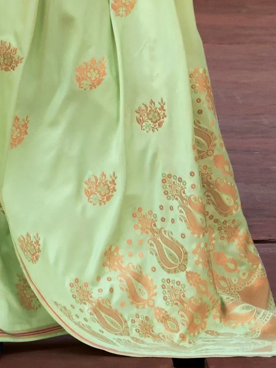 Light green ethnic gown with orange paisley and floral embroidery, perfect for Indian occasions