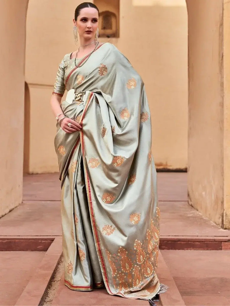 Incredible Grey Zari Weaving Satin Festival Wear Saree With Blouse