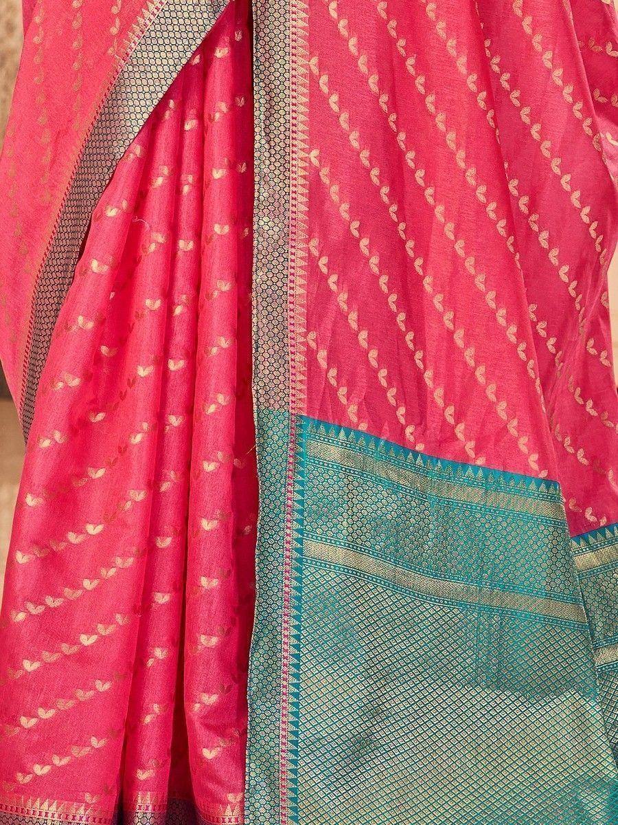 Pink and teal designer saree with gold leaf motifs and woven border, ideal for ethnic occasions