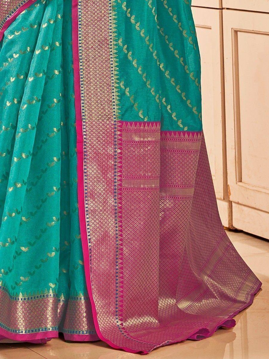 Teal and pink designer saree with gold leaf print and woven border, ethnic wear for women