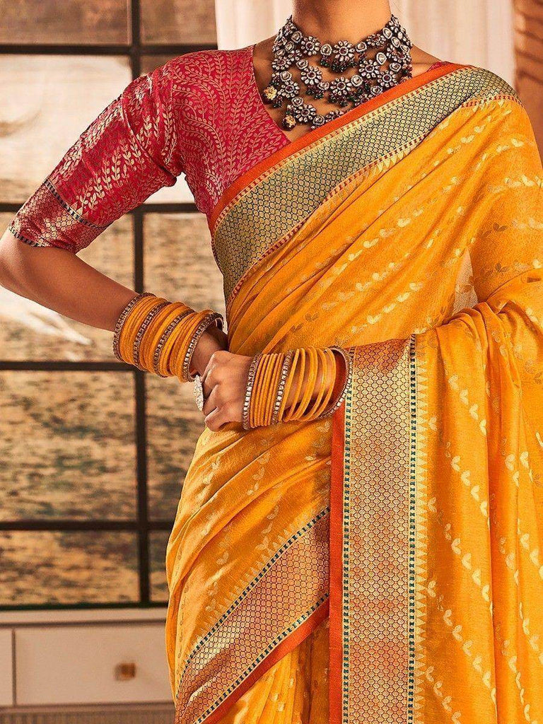 Spectacular Yellow Zari Weaving Banarasi Silk Traditional Saree