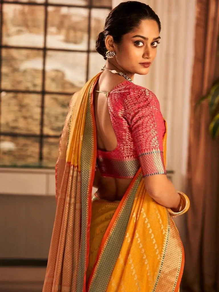 Spectacular Yellow Zari Weaving Banarasi Silk Traditional Saree