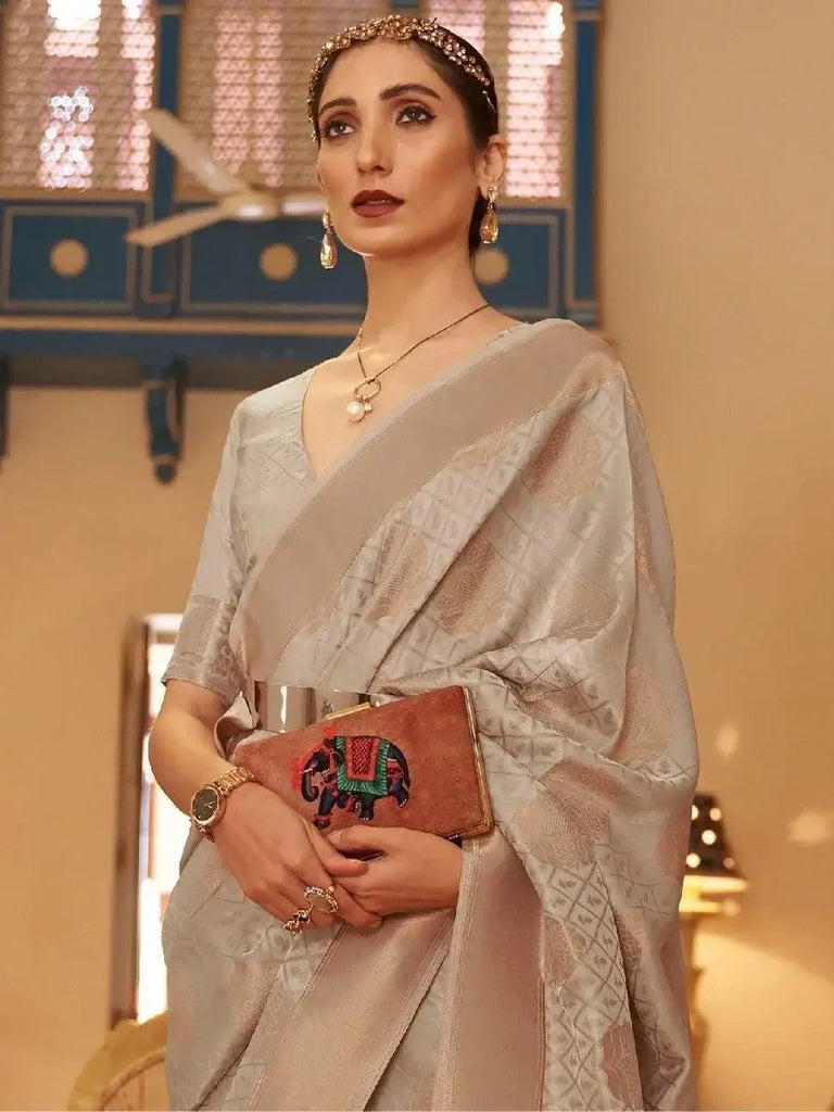 Fabulous Grey Zari Weaving Silk Traditional Saree With Blouse