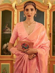 Fantastic Peach Zari Woven Silk Function Wear Saree With Blouse