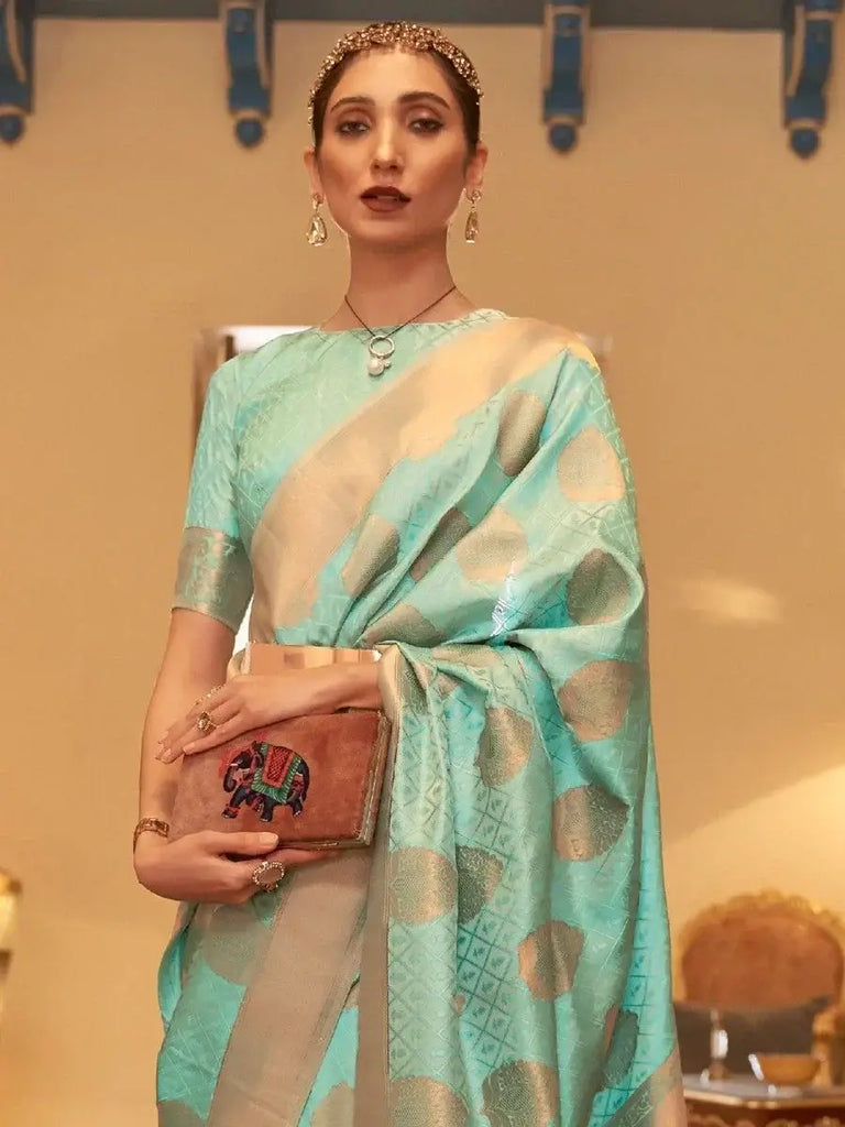 Incredible Sea Green Zari Weaving Silk Reception Wear Saree With Blouse