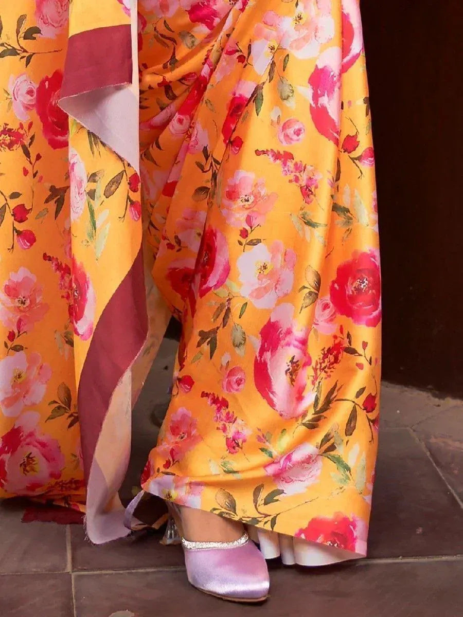 Yellow floral saree with pink roses, paired with lavender heels, perfect for ethnic occasions