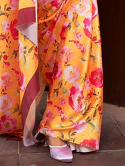 Fascinating Yellow Floral Printed Satin Event Wear Saree With Blouse