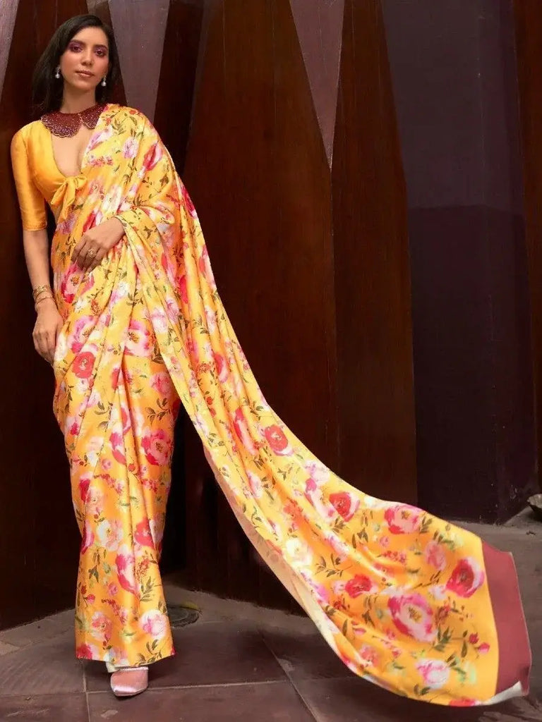 Fascinating Yellow Floral Printed Satin Event Wear Saree With Blouse