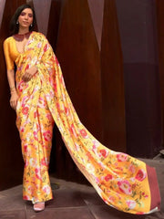 Fascinating Yellow Floral Printed Satin Event Wear Saree With Blouse