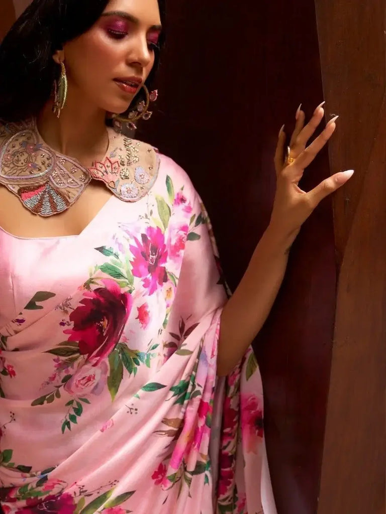 Charming Pink Floral Printed Satin Festival Wear Saree With Blouse