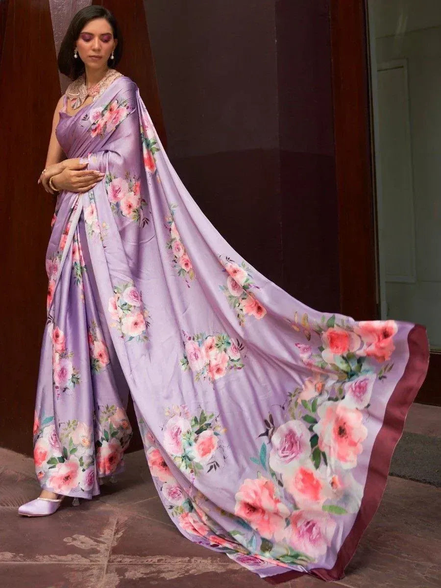Lavender floral saree with pink roses, elegant ethnic wear for women
