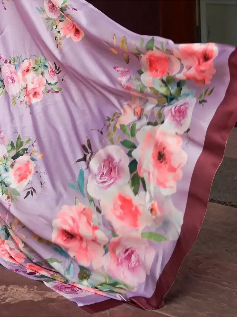 Precious Lavender Floral Printed Satin Function Wear Saree With Blouse