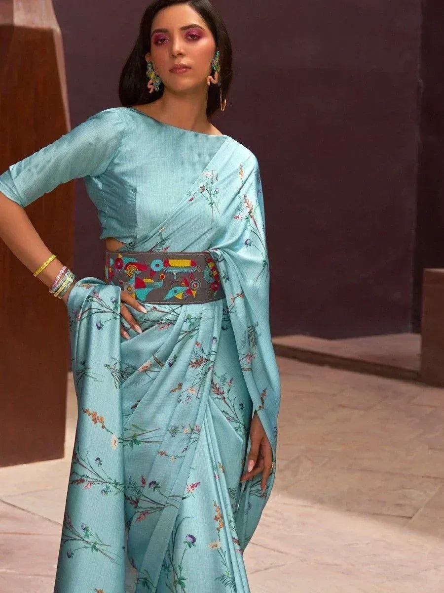 Light blue floral saree with embroidered belt, perfect for Indian ethnic occasions