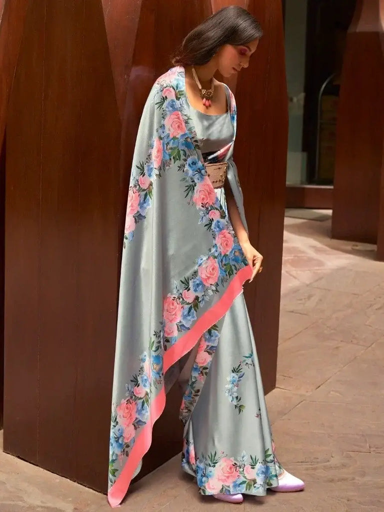 Stunning Grey Floral Printed Satin Event Wear Saree With Blouse