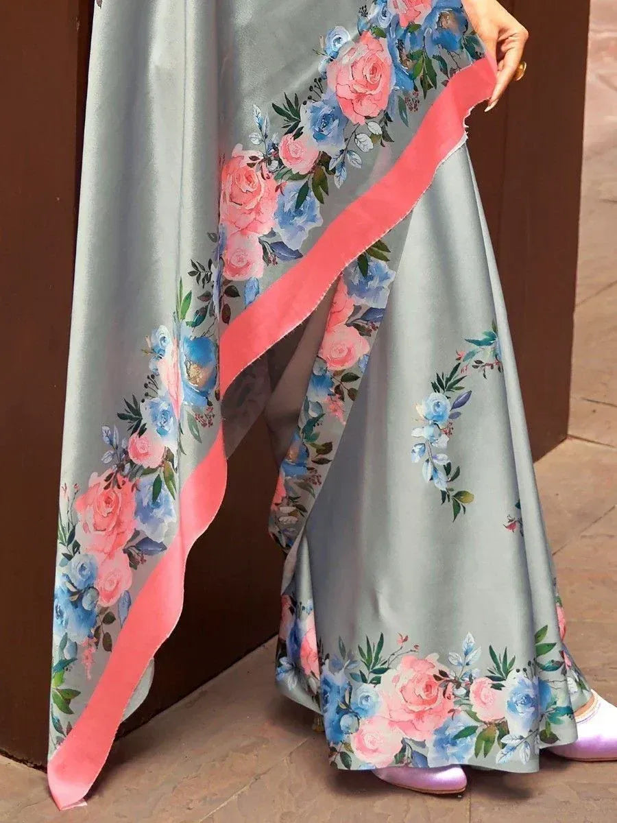 Grey floral printed ethnic gown with pink border, perfect for Indian occasions