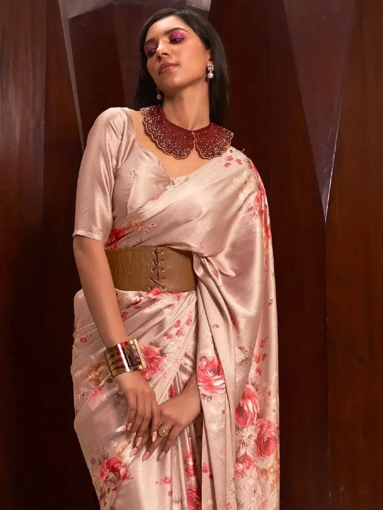 Attractive Peach Floral Printed Satin Party Wear Saree With Blouse