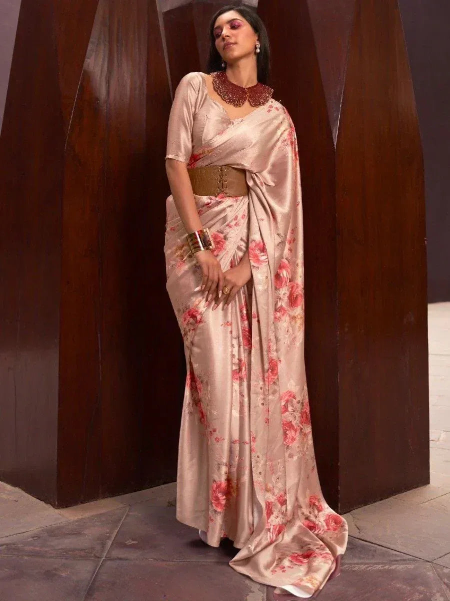 Floral print satin saree with embroidered collar and waist belt, ethnic Indian wear