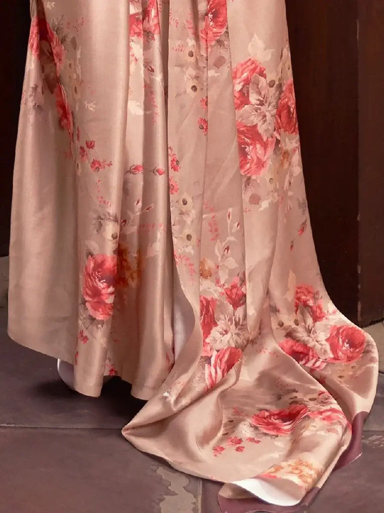 Attractive Peach Floral Printed Satin Party Wear Saree With Blouse