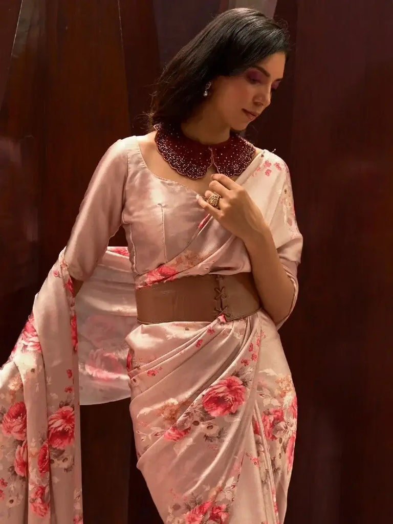 Attractive Peach Floral Printed Satin Party Wear Saree With Blouse