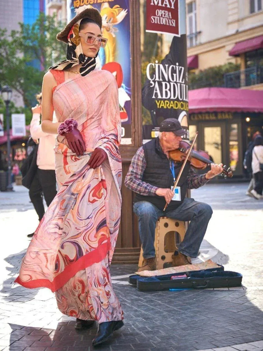 Woman in stylish printed saree with bold accessories, street fashion look