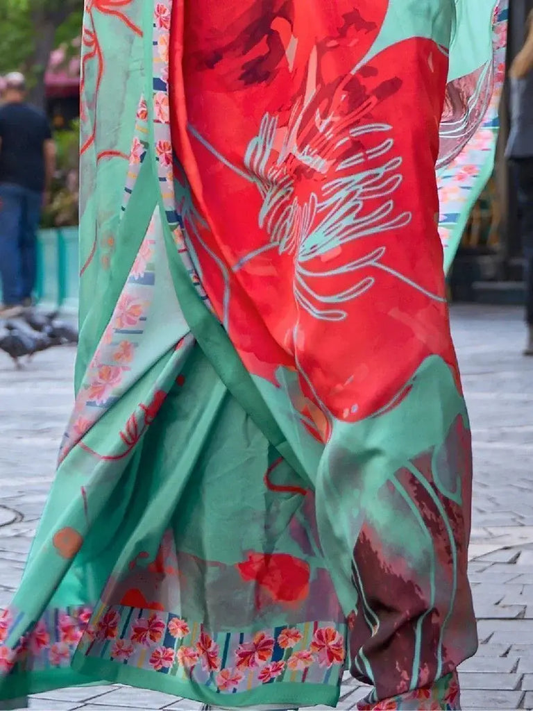 Stunning Sea Green Floral Printed Silk Party Wear Saree With Blouse