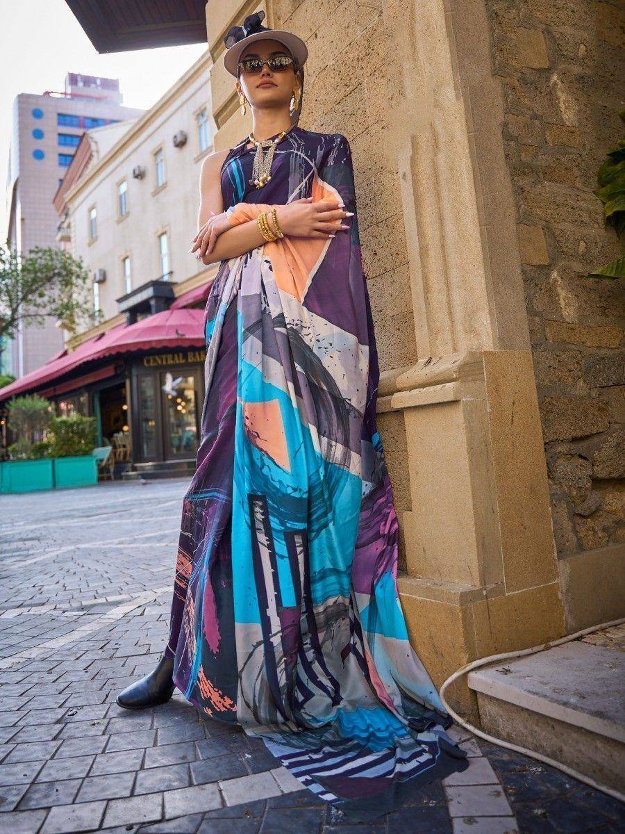 Woman in colorful abstract print ethnic gown, stylish hat and sunglasses, urban street setting