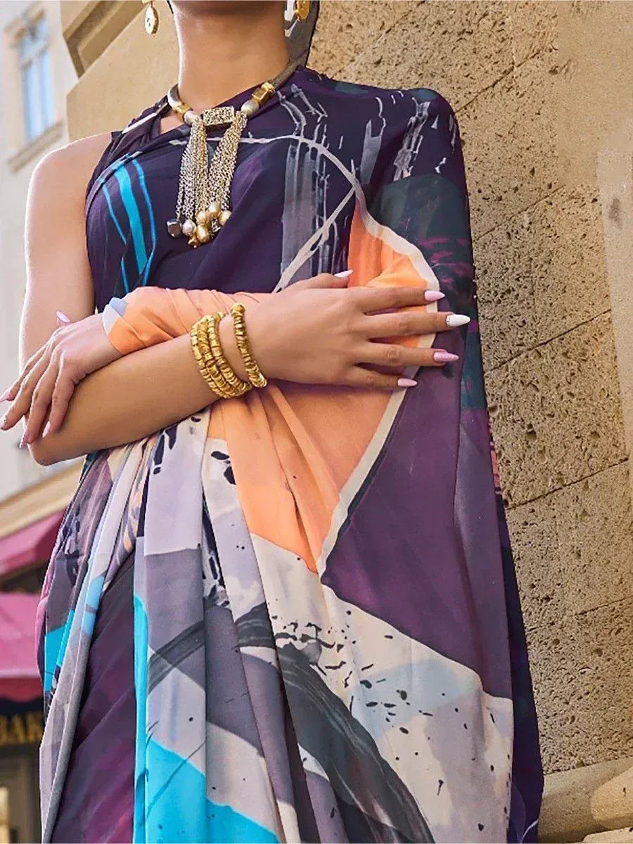 Abstract print ethnic gown with gold jewelry, perfect for Indian festive occasions