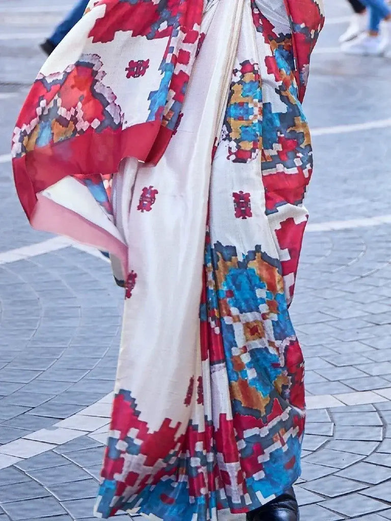 Charming White Digital Printed Silk Function Wear Saree With Blouse