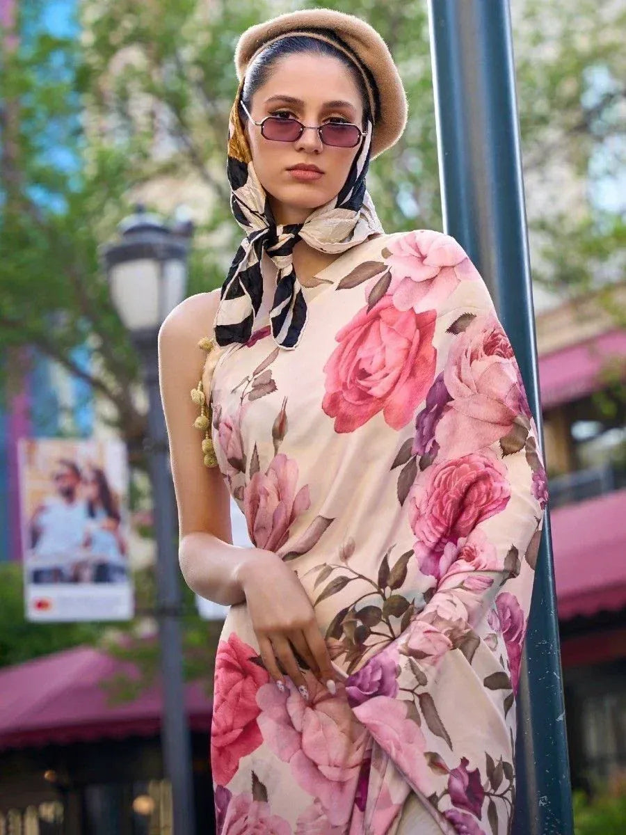 Woman in floral print ethnic gown with headscarf and beret, stylish Indian wear