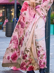Enchanting Light Pink Floral Printed Silk Festival Wear Saree