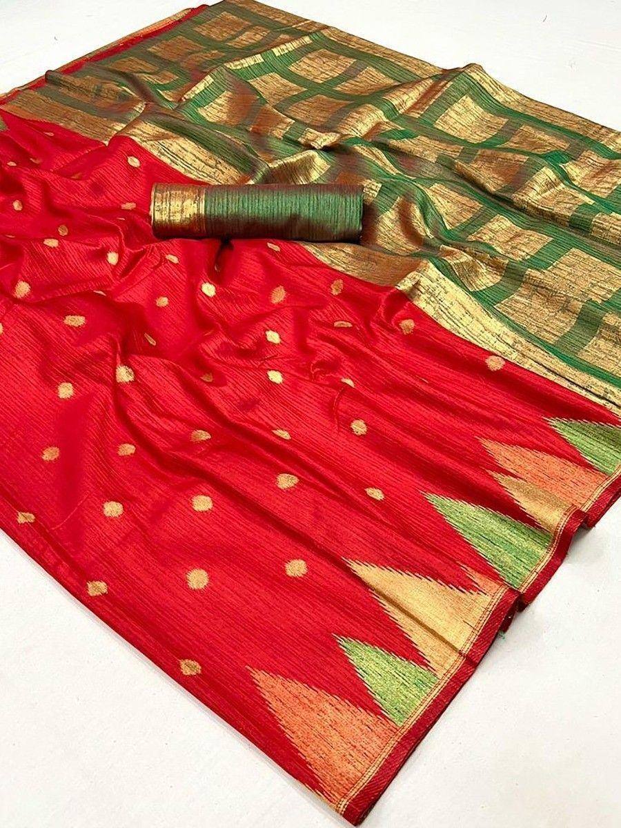 Red and green designer saree with gold polka dots and geometric border, perfect for ethnic occasions