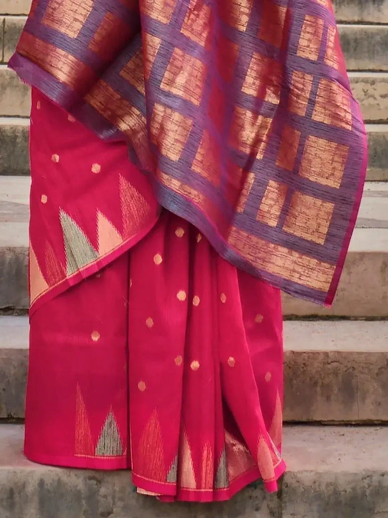 Astounding Rani Pink Zari Woven Silk Festival Wear Saree With Blouse