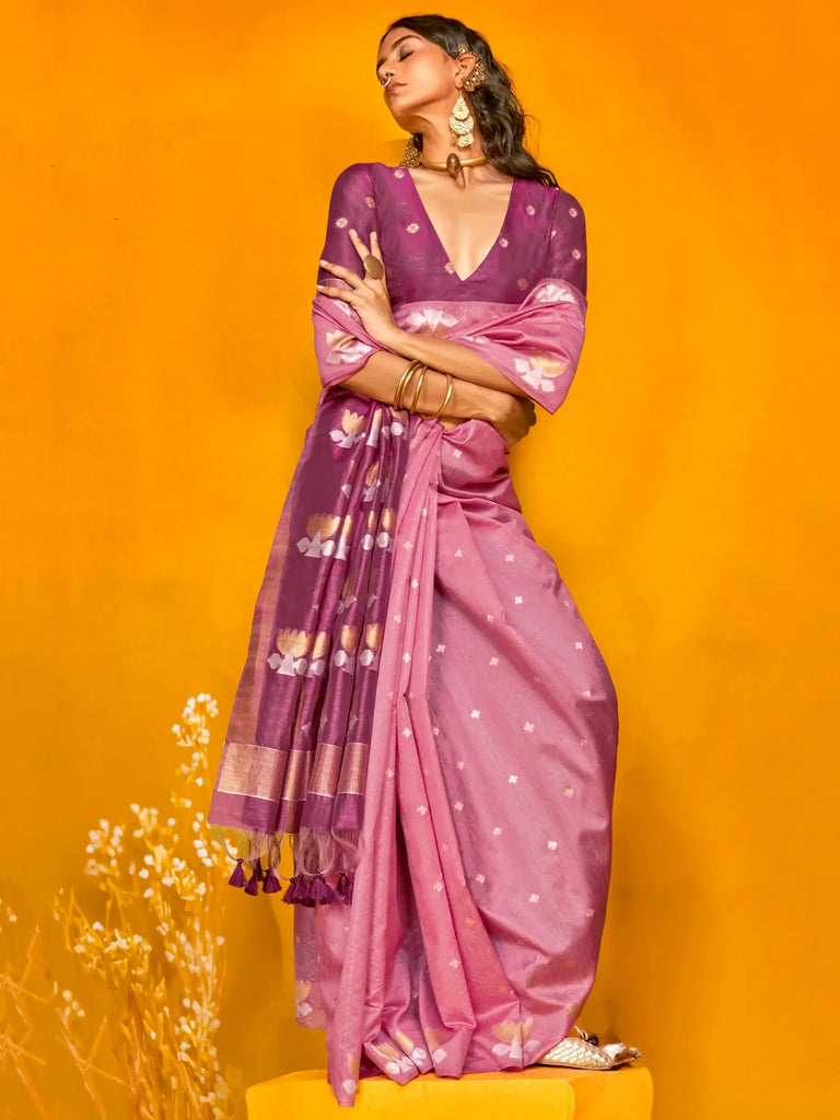 Marvelous Dusty Pink Zari Weaving Silk Traditional Saree With Blouse