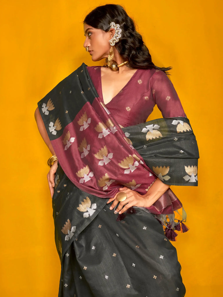 Stunning Black Zari Weaving Silk Event Wear Saree With Blouse