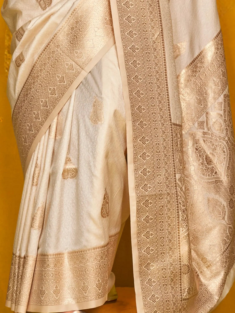 Gorgeous Cream Zari Weaving Silk Traditional Saree With Blouse