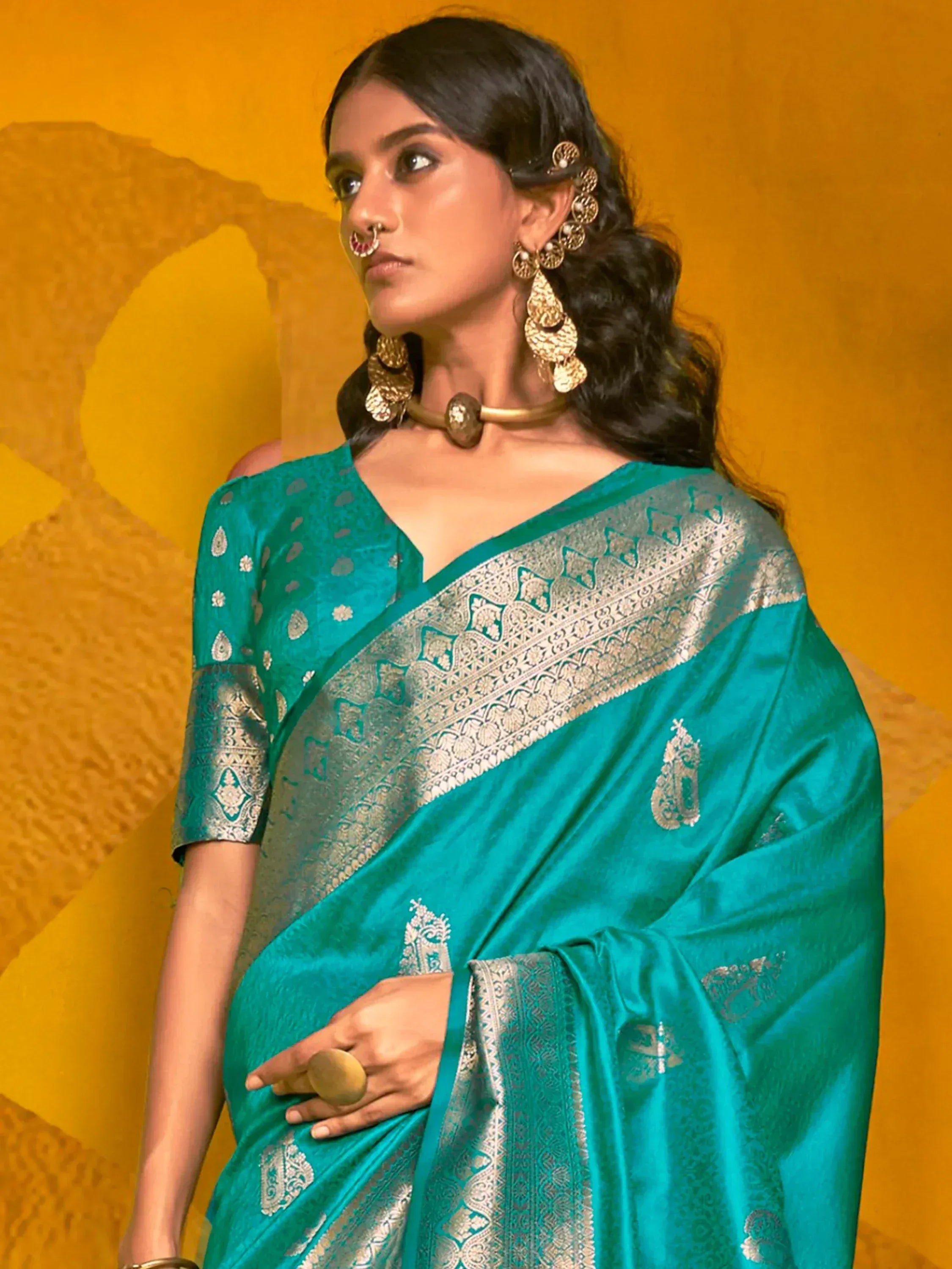Teal designer saree with silver zari border and blouse, ethnic Indian wear for women