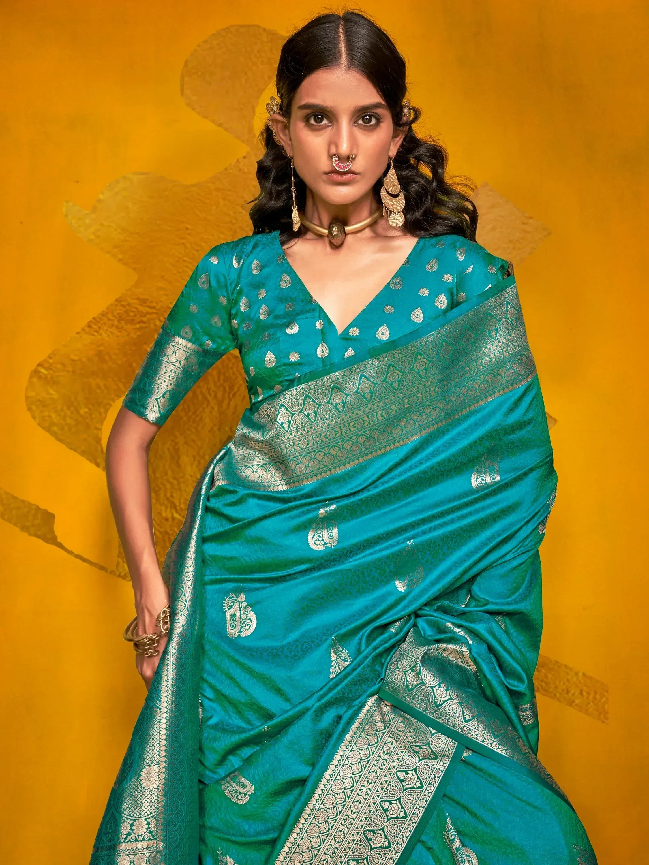 Teal silk saree with gold zari work, traditional Indian ethnic wear for women