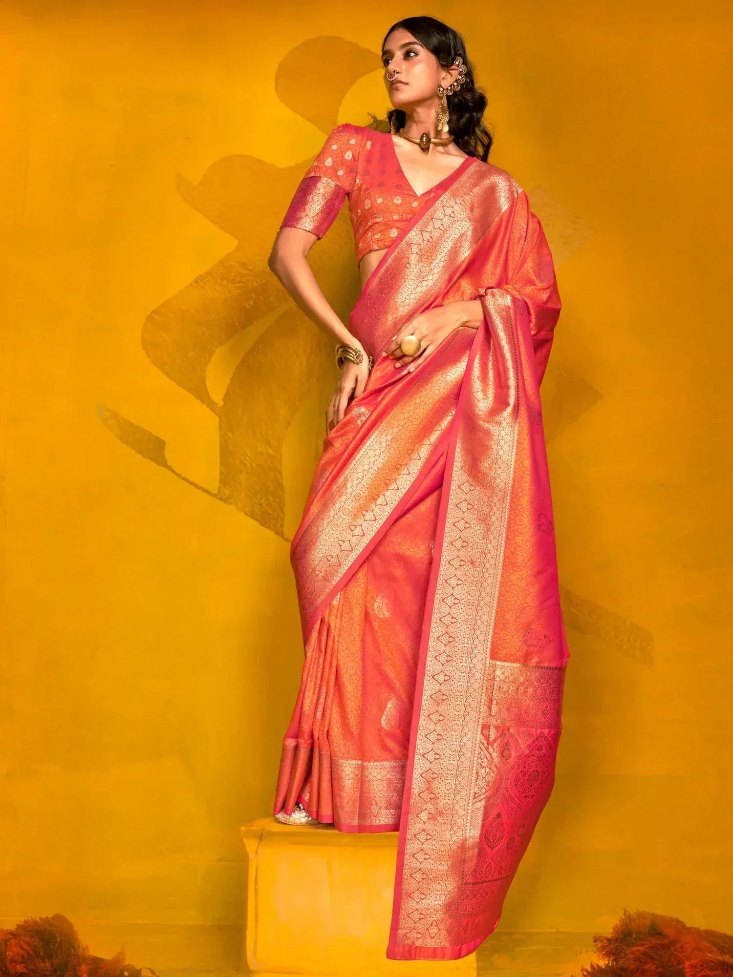 Pink designer saree with gold zari border and matching blouse, ethnic Indian wear