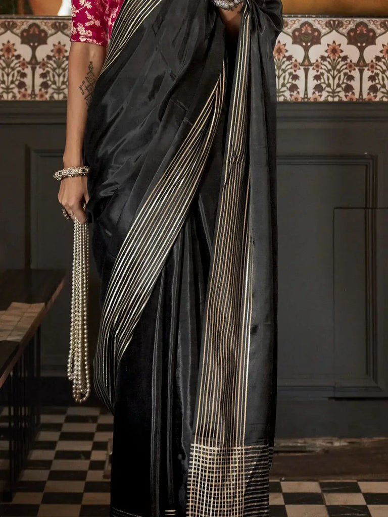 Stunning Black Weaving Silk Reception Wear Saree With Blouse