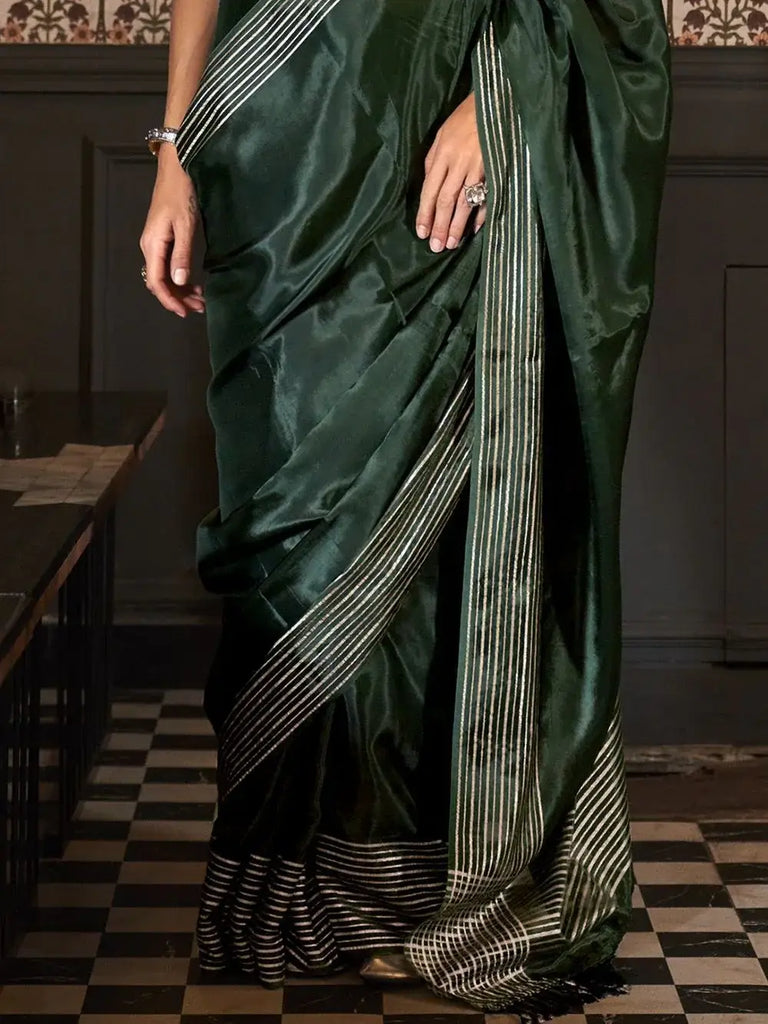 Mesmerizing Green Weaving Silk Mehendi Wear Saree With Blouse