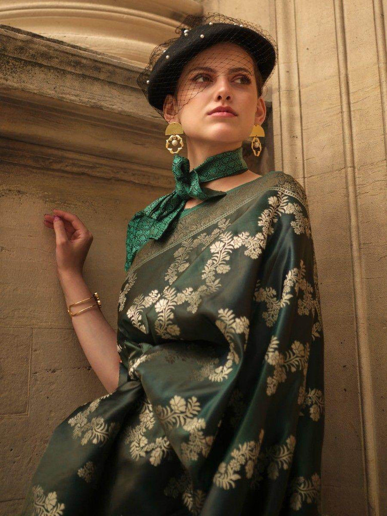 Incredible Green Zari Woven Satin Mehendi Wear Saree With Blouse
