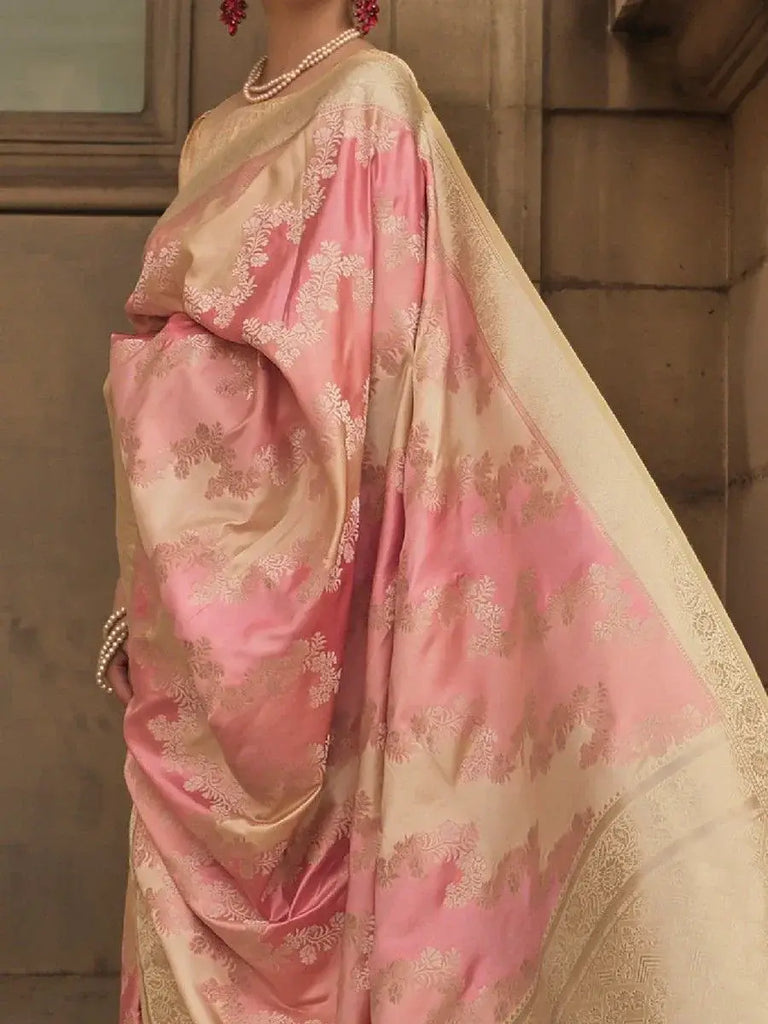 Amazing Pink Zari Woven Satin Event Wear Saree With Blouse