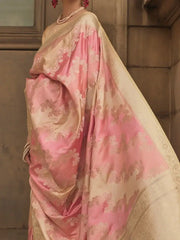 Amazing Pink Zari Woven Satin Event Wear Saree With Blouse