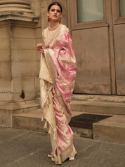 Amazing Pink Zari Woven Satin Event Wear Saree With Blouse