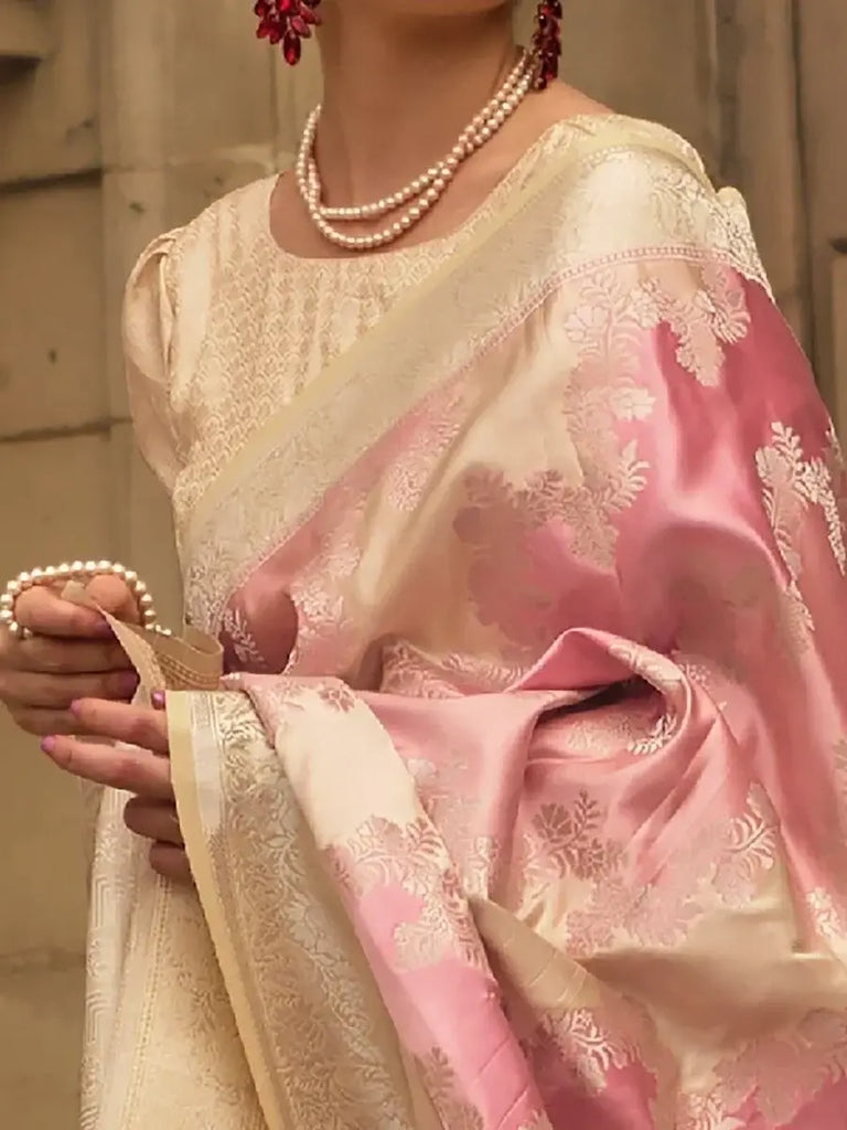 Amazing Pink Zari Woven Satin Event Wear Saree With Blouse